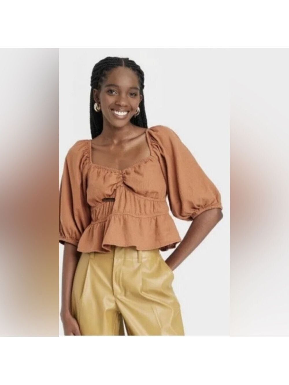A New Day Sweetheart Neckline 3/4 Sleeve Cropped Top Brown